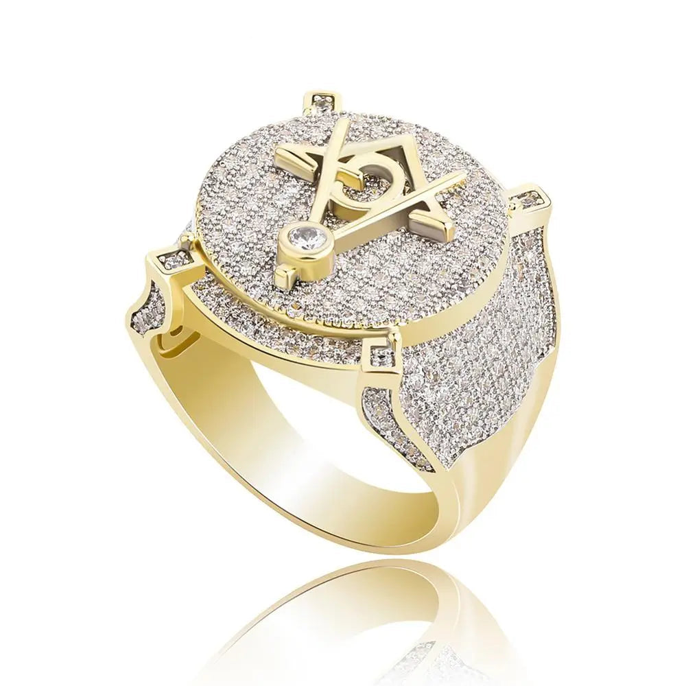 Master Mason Blue Lodge Masonic Rhinstone Ring - Gold