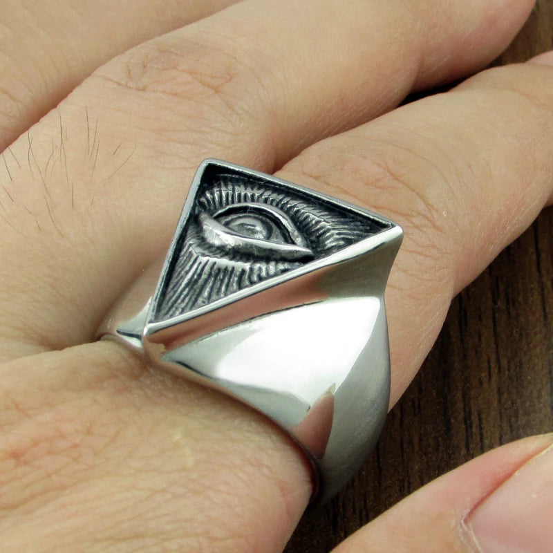 Illuminati Pyramid Eye Symbol Masonic Stainless Steel Ring - Silver