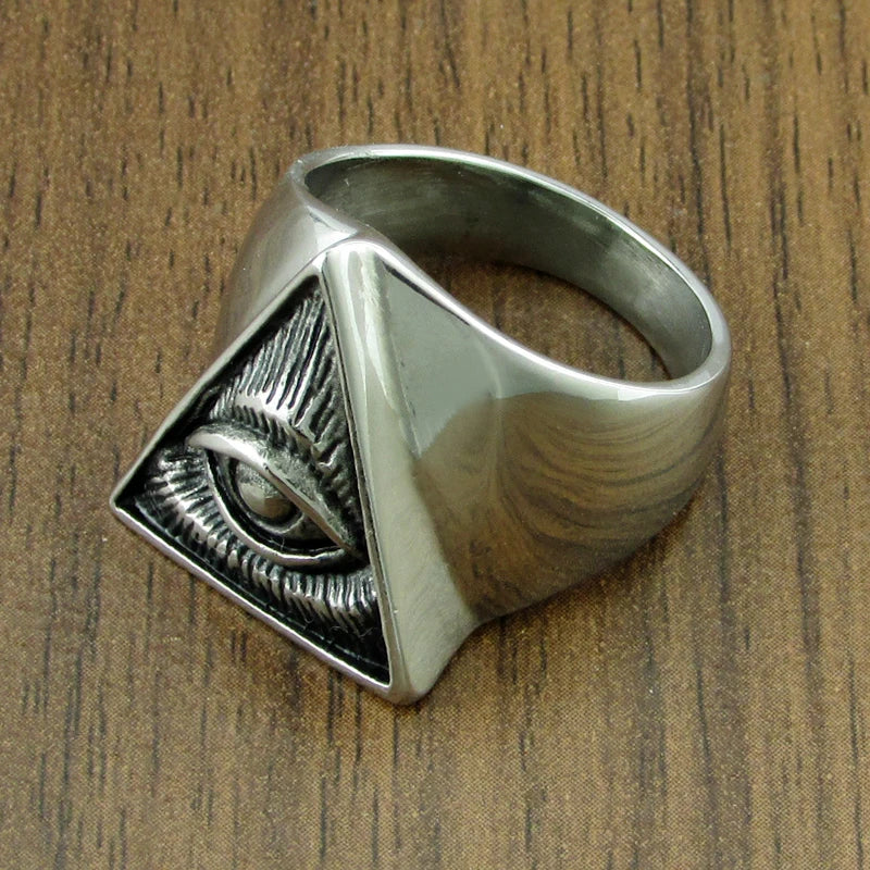 Illuminati Pyramid Eye Symbol Masonic Stainless Steel Ring - Silver
