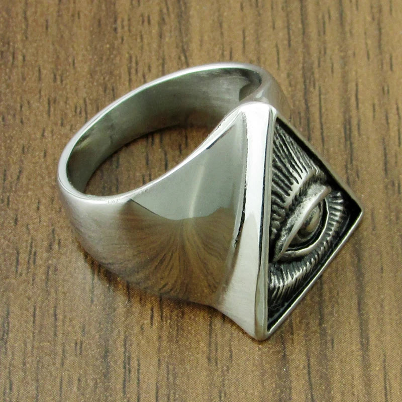 Illuminati Pyramid Eye Symbol Masonic Stainless Steel Ring - Silver