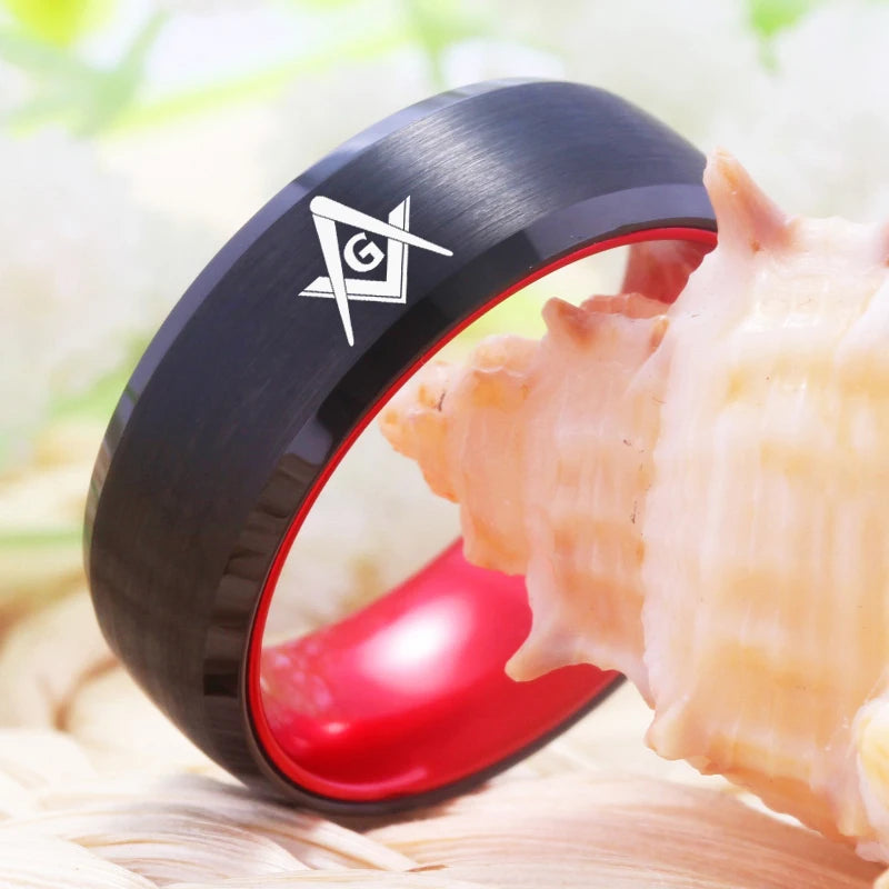 Master Mason Blue Lodge Masonic TUNGSTEN Ring - Black & Red Color
