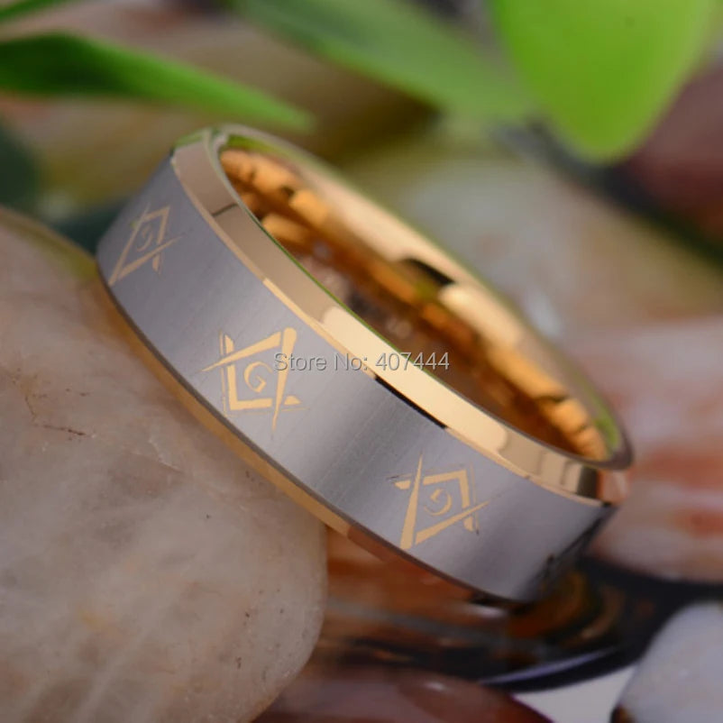 Master Mason Blue Lodge Masonic TUNGSTEN Ring - Gold Color