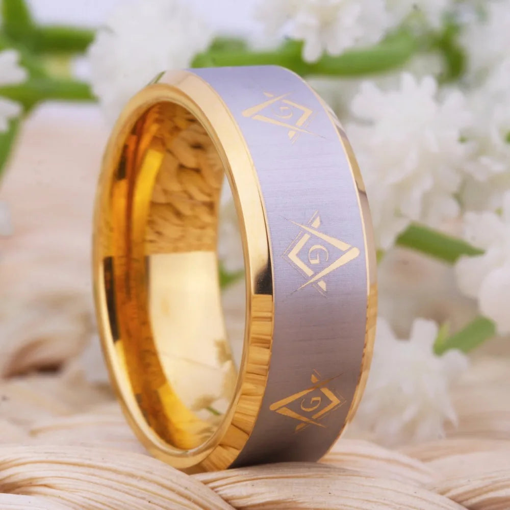 Master Mason Blue Lodge Masonic TUNGSTEN Ring - Gold