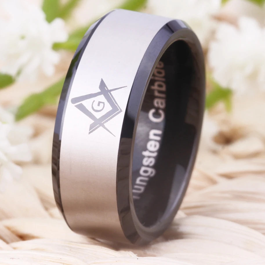 Master Mason Blue Lodge Masonic TUNGSTEN Ring - White & Black Color