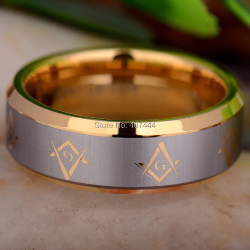 Master Mason Blue Lodge Masonic TUNGSTEN Ring - Gold Color