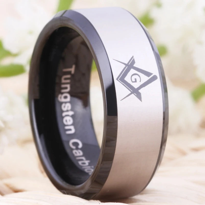 Master Mason Blue Lodge Masonic TUNGSTEN Ring - White & Black Color