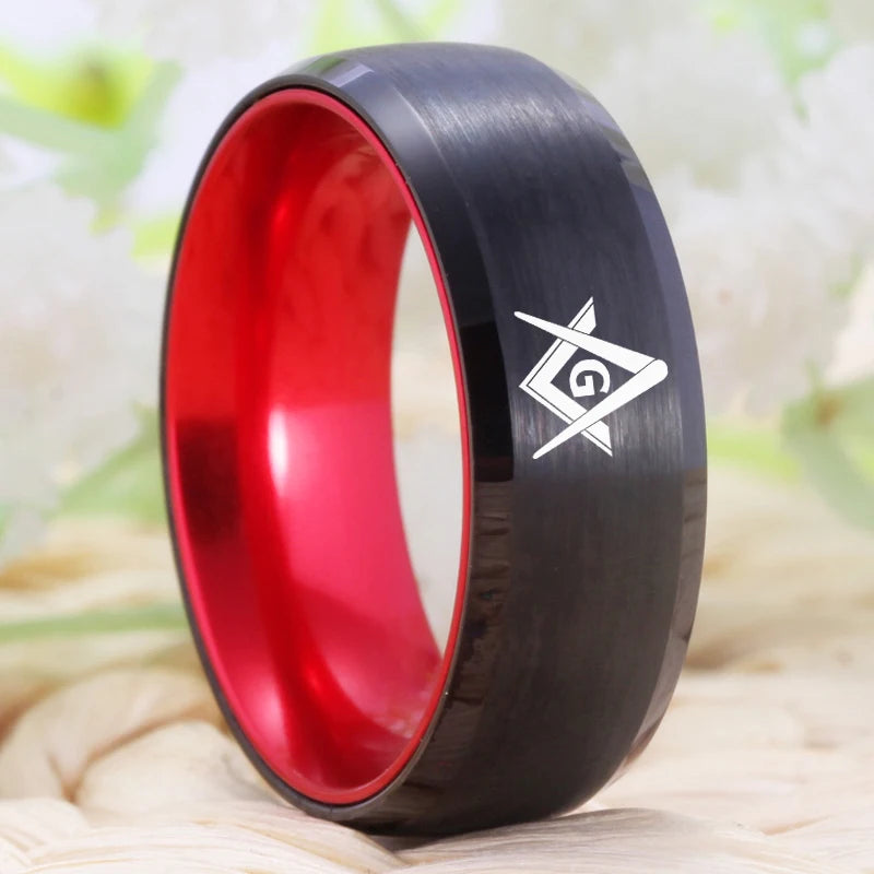Master Mason Blue Lodge Masonic TUNGSTEN Ring - Black & Red Color