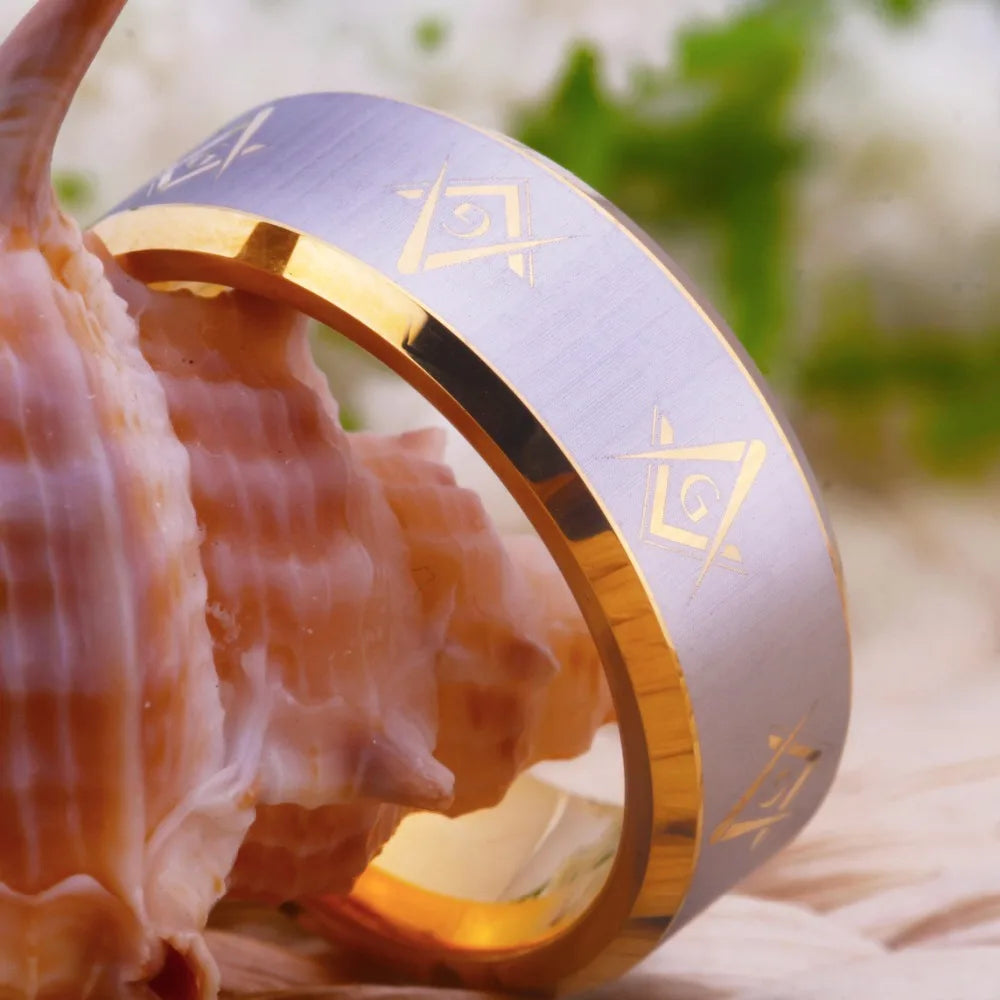 Master Mason Blue Lodge Masonic TUNGSTEN Ring - Gold