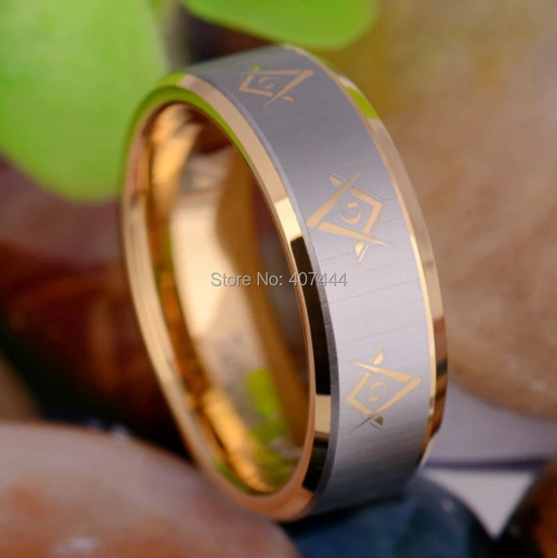 Master Mason Blue Lodge Masonic TUNGSTEN Ring - Gold Color