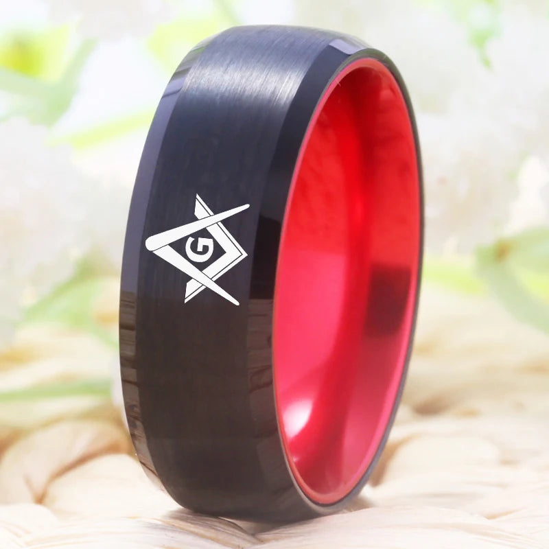 Master Mason Blue Lodge Masonic TUNGSTEN Ring - Black & Red Color