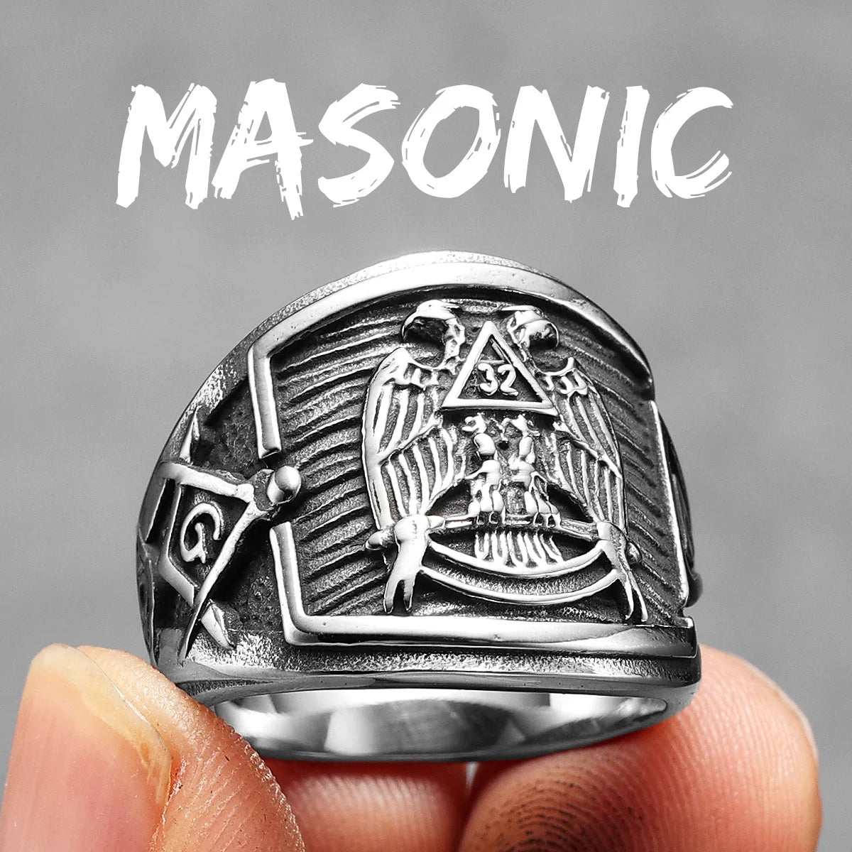 Scottish Rite 32 Degree Masonic Stainless Steel Ring - Silver