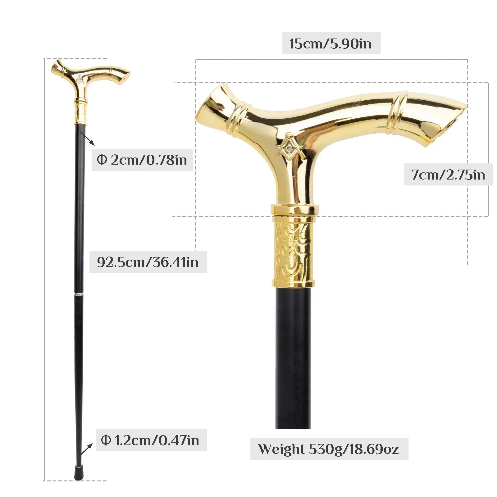 Master Mason Golden Freemasonry Walking Cane - Size 93cm
