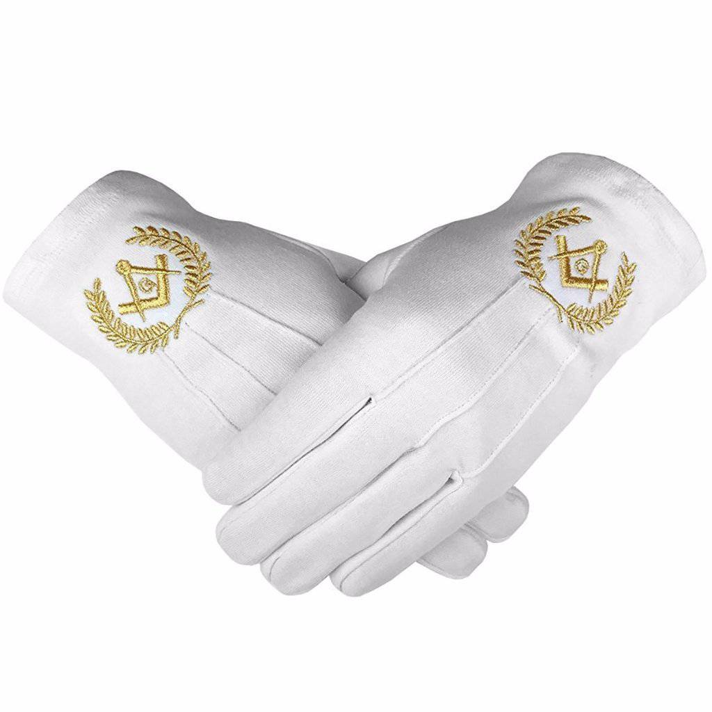 Master Mason Blue Lodge White Cotton Gloves with Gold Square & Compass G