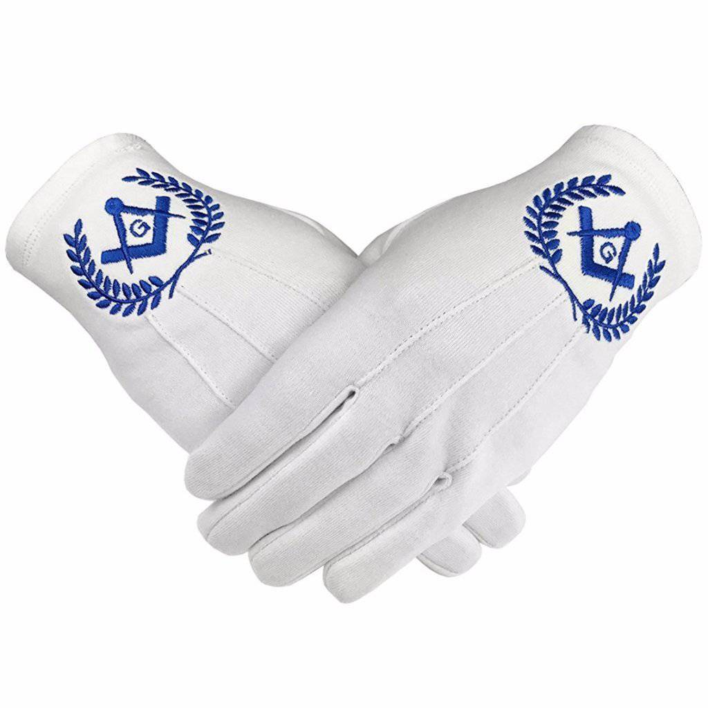 Master Mason Blue Lodge White Cotton Gloves with Blue Square & Compass G