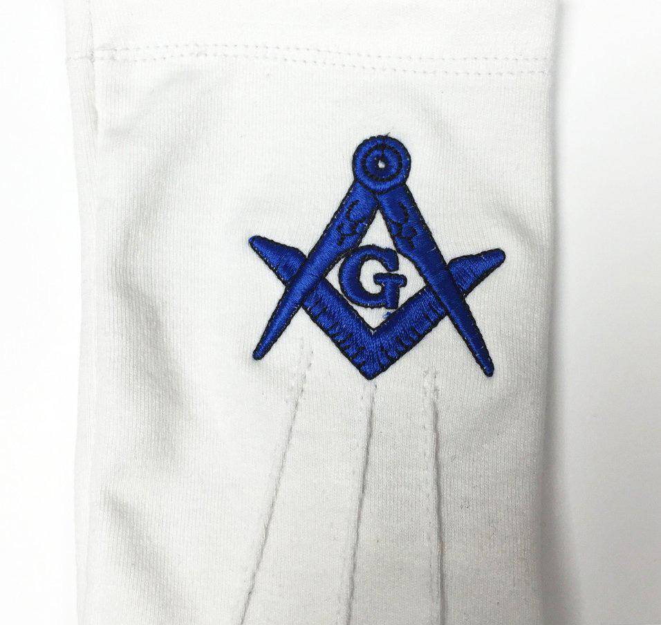 Master Mason White Cotton Gloves with Blue Lodge Symbol