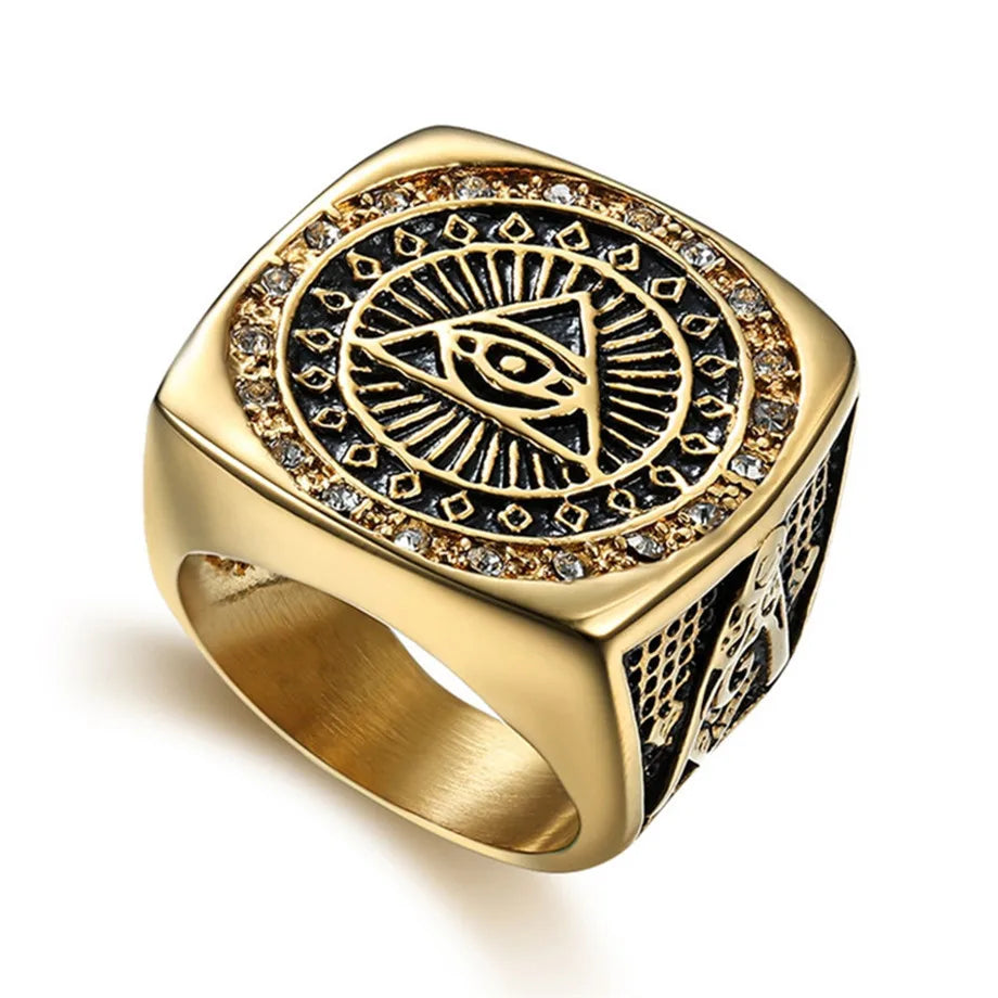 All Seeing Eye Masonic Stainless Steel Ring - Gold