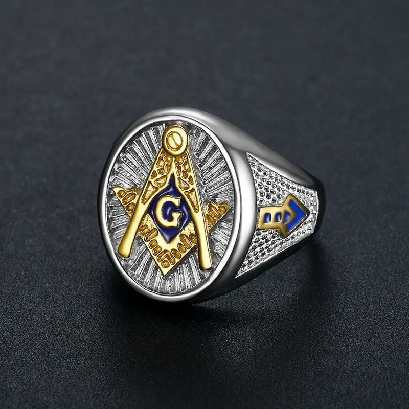 Master Mason Blue Lodge Masonic Stainless Steel Ring - Silver & Gold Color