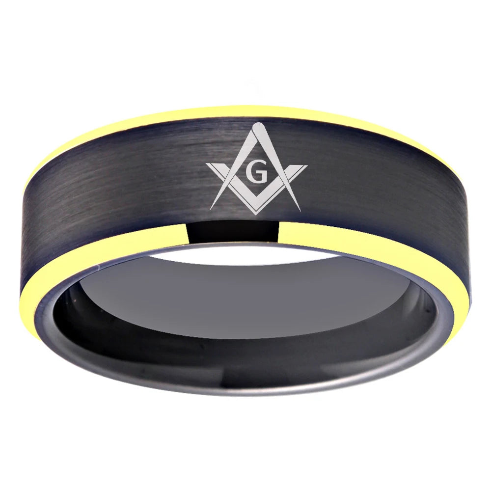Master Mason Blue Lodge Masonic TUNGSTEN Ring - Black & Yellow Color