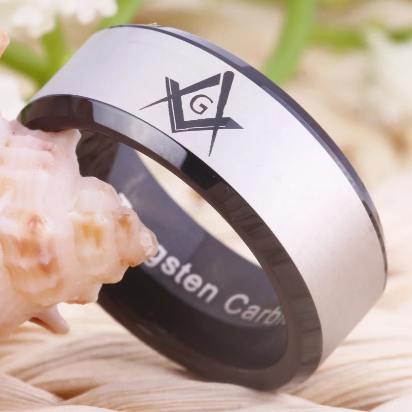 Master Mason Blue Lodge Masonic TUNGSTEN Ring - White & Black Color