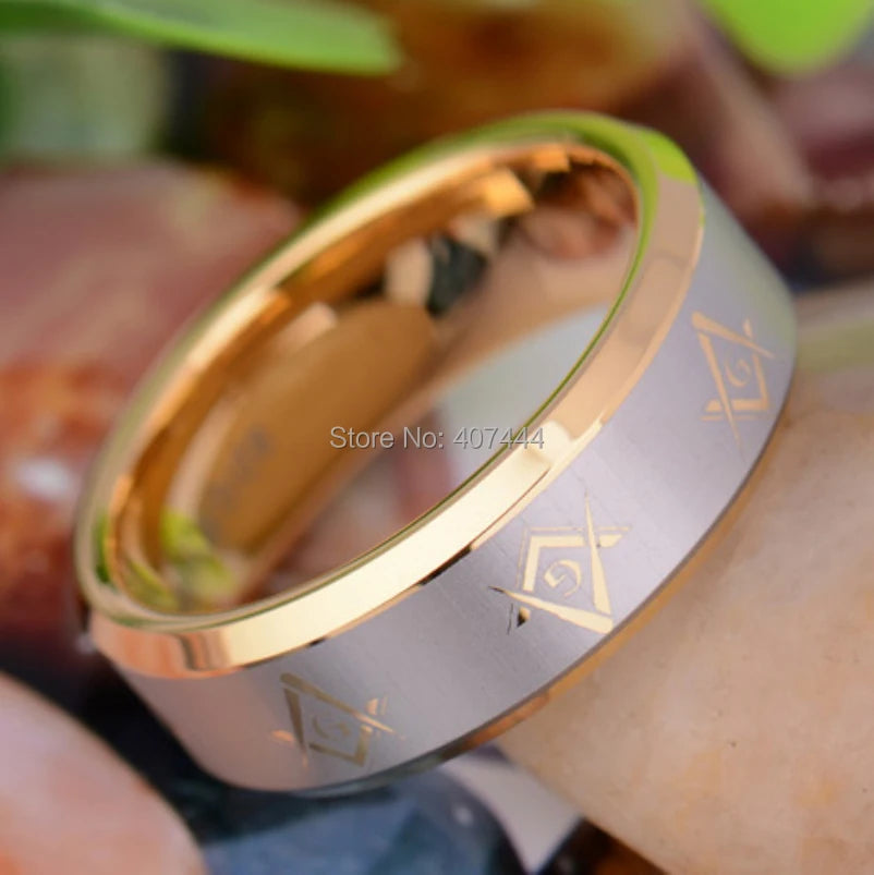 Master Mason Blue Lodge Masonic TUNGSTEN Ring - Gold Color