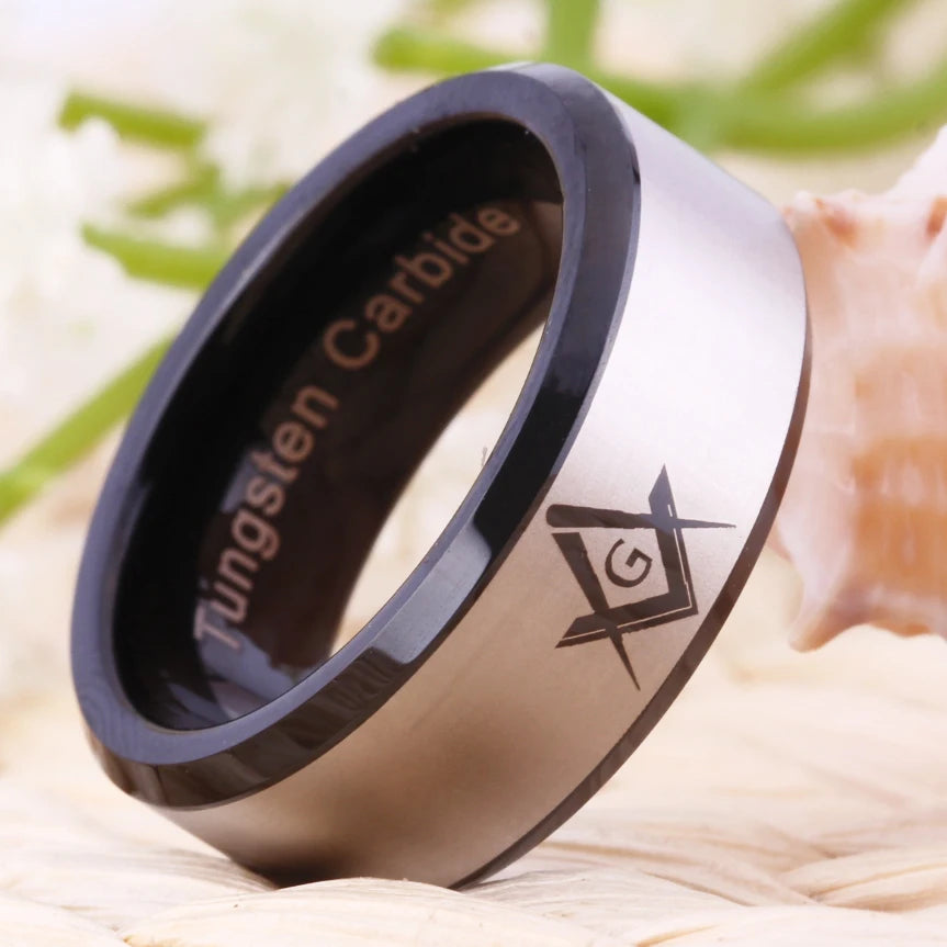 Master Mason Blue Lodge Masonic TUNGSTEN Ring - White & Black Color