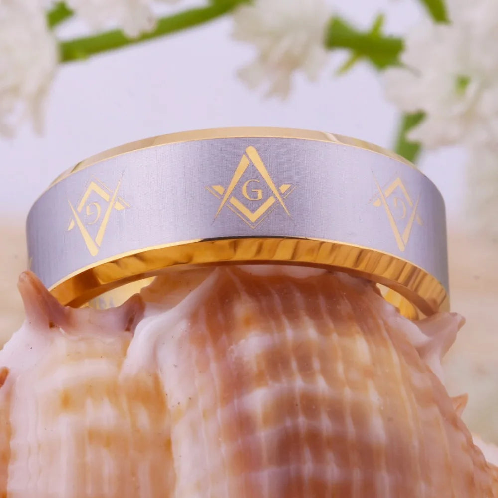 Master Mason Blue Lodge Masonic TUNGSTEN Ring - Gold