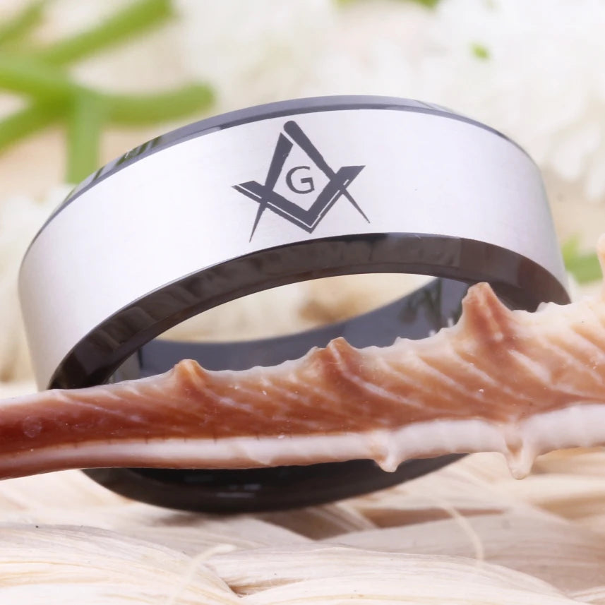 Master Mason Blue Lodge Masonic TUNGSTEN Ring - White & Black Color