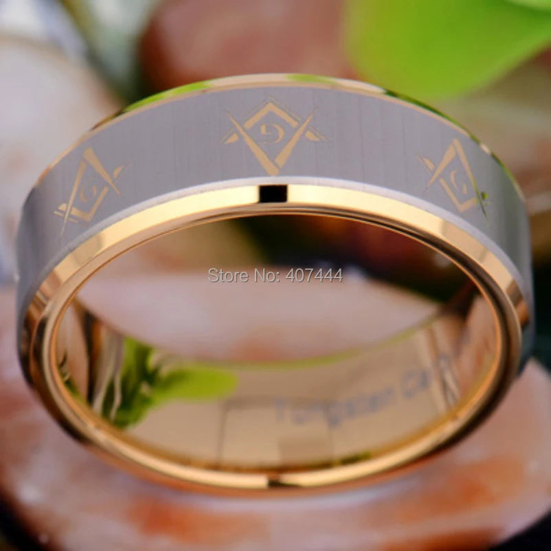 Master Mason Blue Lodge Masonic TUNGSTEN Ring - Gold Color