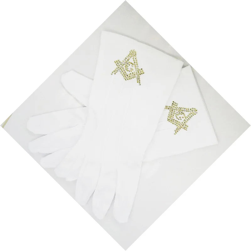 Master Mason Masonic High Quality Rhinestone Gloves - Square & Compass