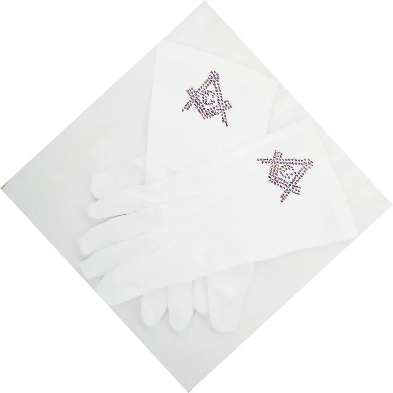 Master Mason Masonic High Quality Rhinestone Gloves - Square & Compass