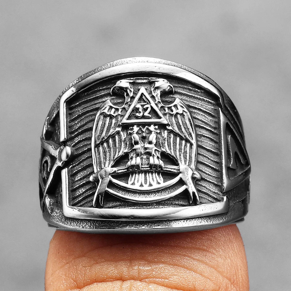 Scottish Rite 32 Degree Masonic Stainless Steel Ring - Silver