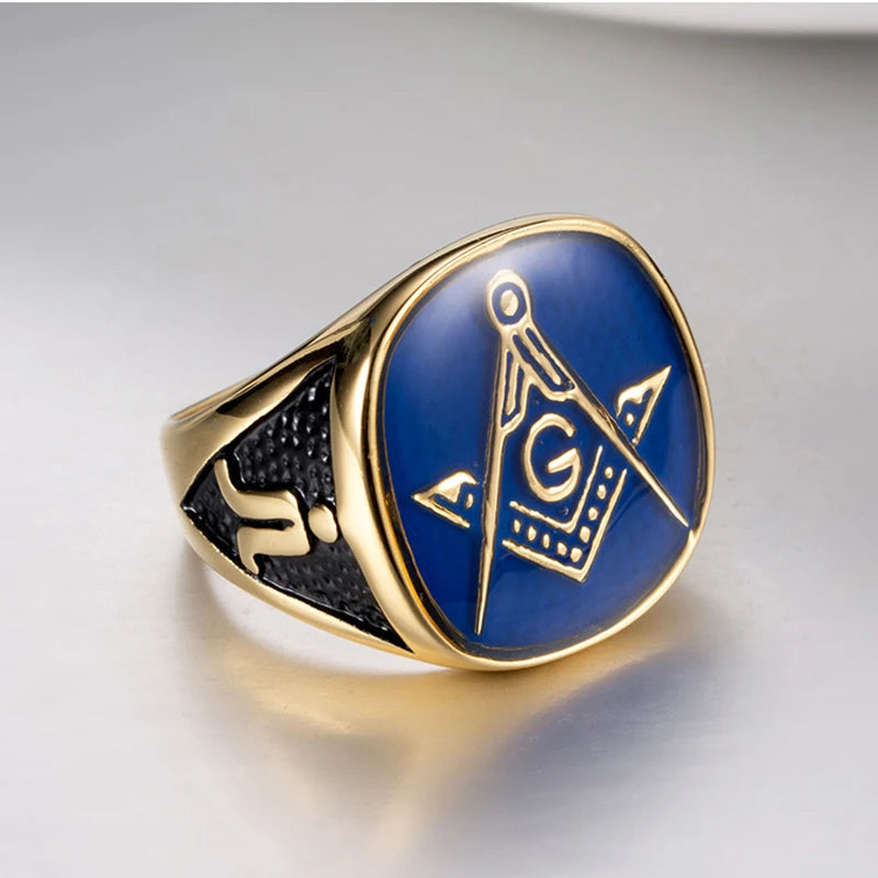 Master Mason Blue Lodge Masonic Titanium Ring - Gold & Blue Color