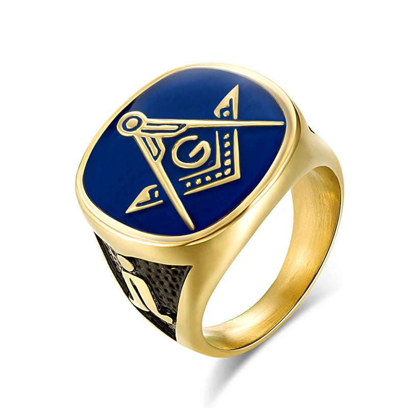 Master Mason Blue Lodge Masonic Titanium Ring - Gold & Blue Color