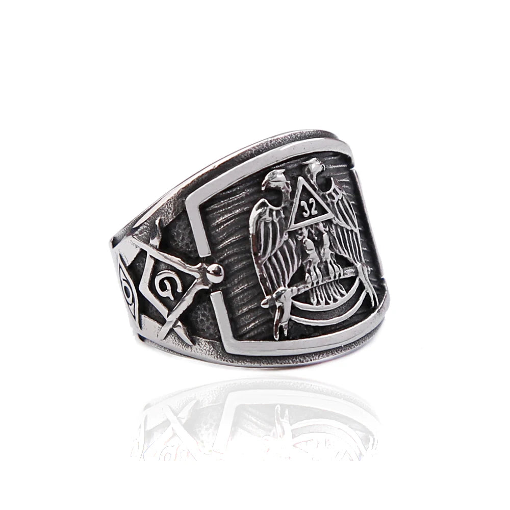 Scottish Rite 32 Degree Masonic Stainless Steel Ring - Silver