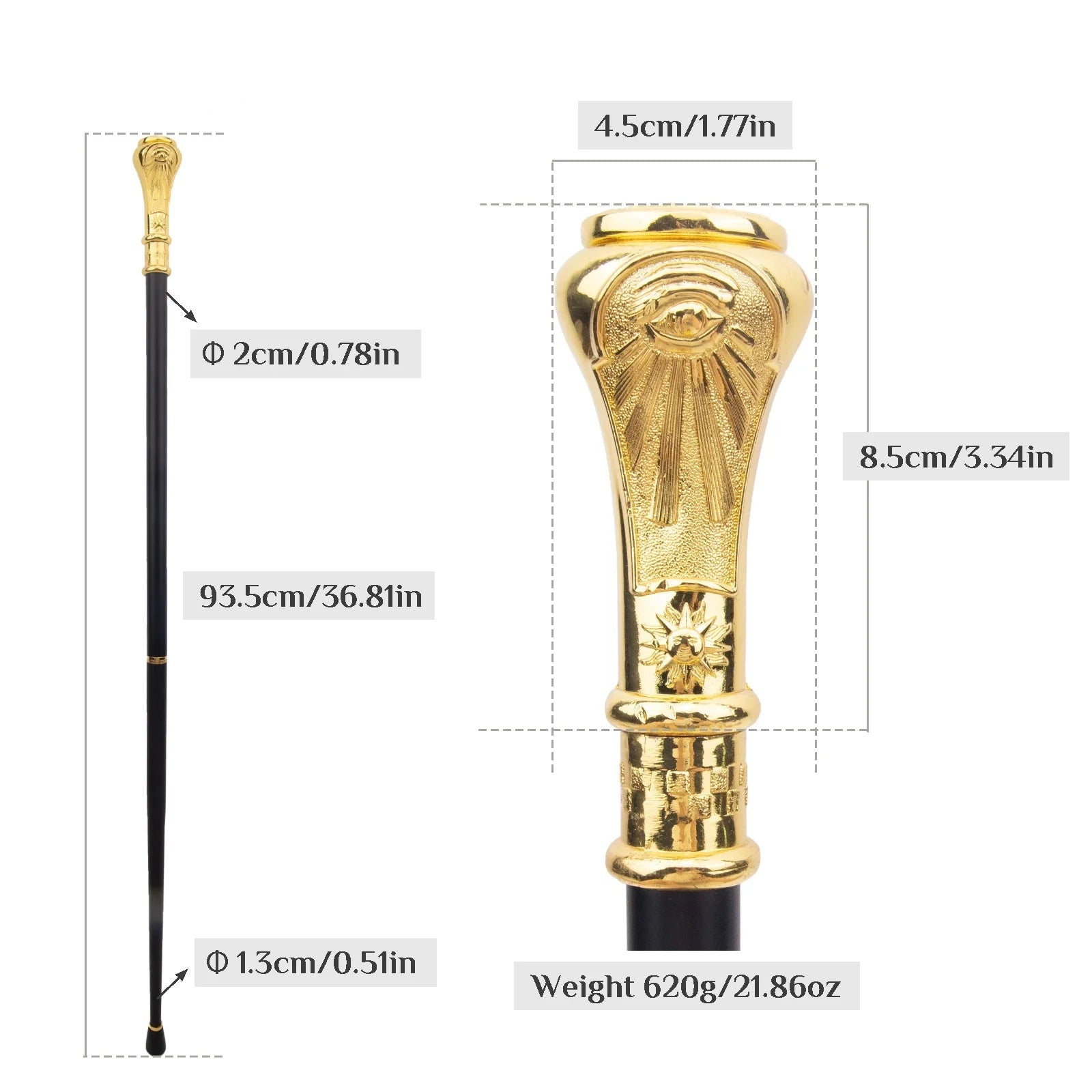 Master Mason Golden Freemasonry Walking Cane - Size 93cm