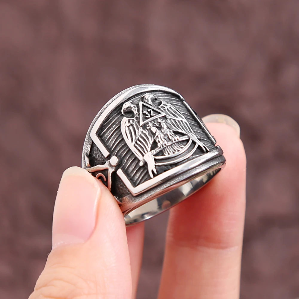 Scottish Rite 32 Degree Masonic Stainless Steel Ring - Silver