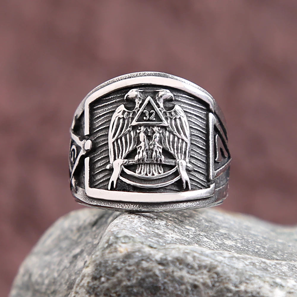Scottish Rite 32 Degree Masonic Stainless Steel Ring - Silver