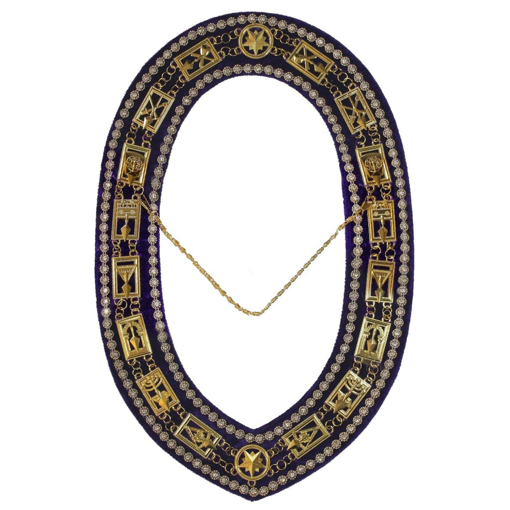 Council Masonic Chain Collar - Gold Plated with Rhinestones on Purple Velvet