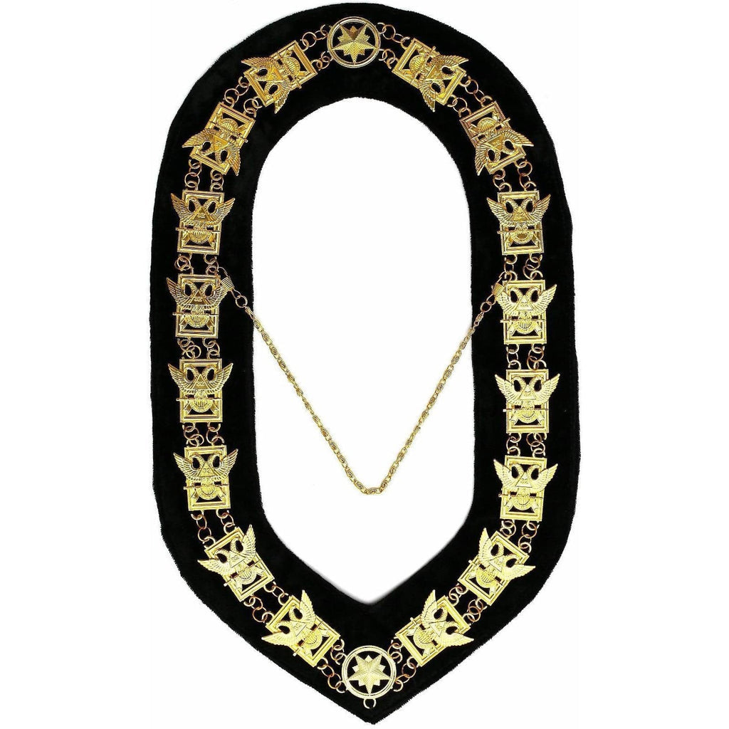 32nd Degree Scottish Rite Masonic Chain Collar - Wings Up Gold Plated on Black Velvet