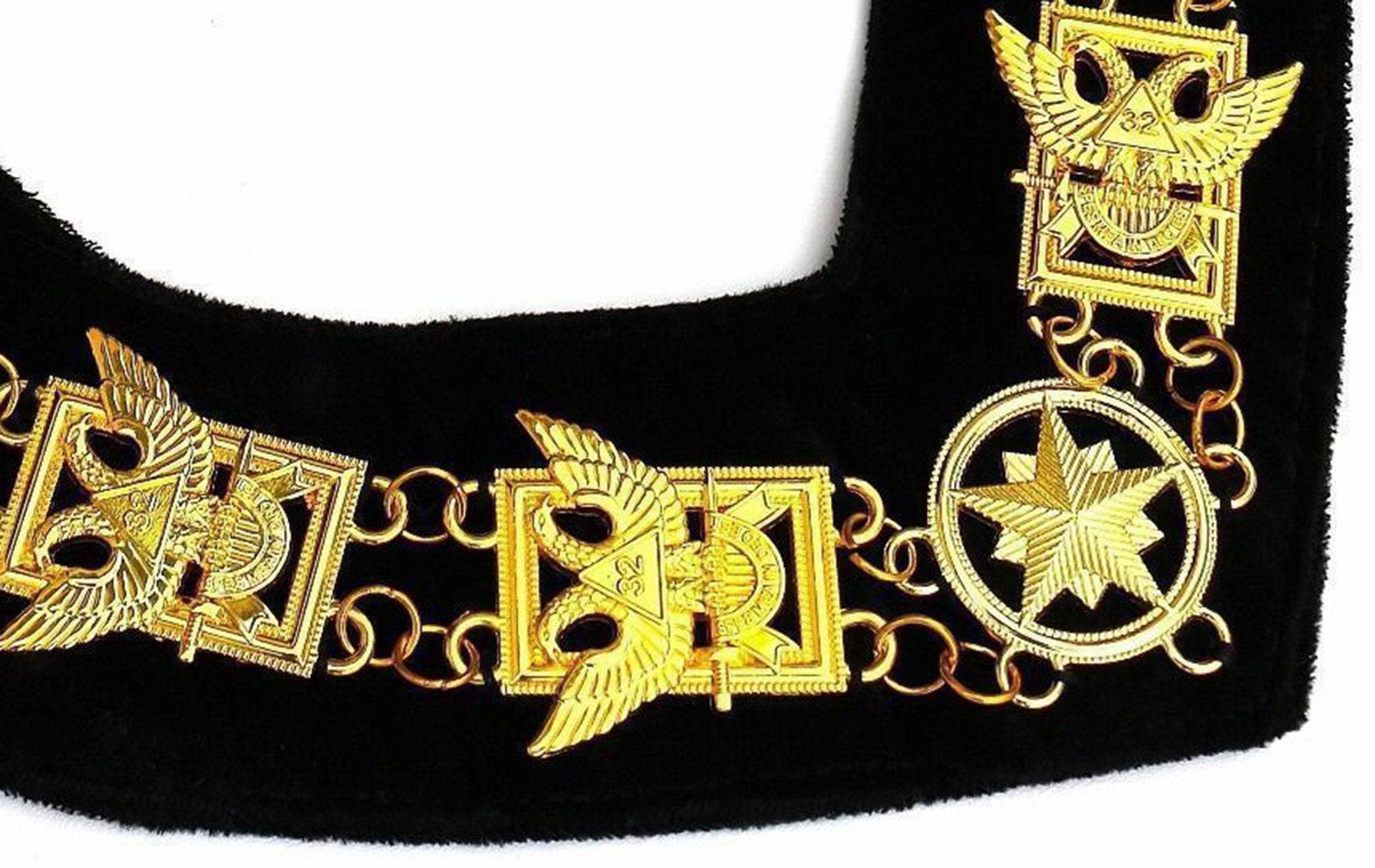 32nd Degree Scottish Rite Masonic Chain Collar - Wings Up Gold Plated on Black Velvet